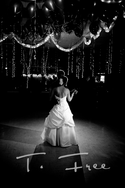 Bride and groom first dance black and white Nebraska wedding picture.