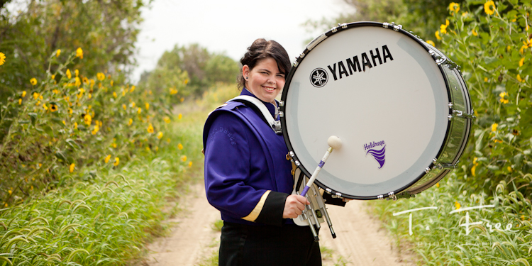 Outdoor band drum senior portrait taken near Holdrege Nebraska.